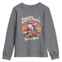 Princess Donut and Mongo Ride or Roar Youth Sweatshirt Funny Cat Riding Dinosaur Retro Sunset