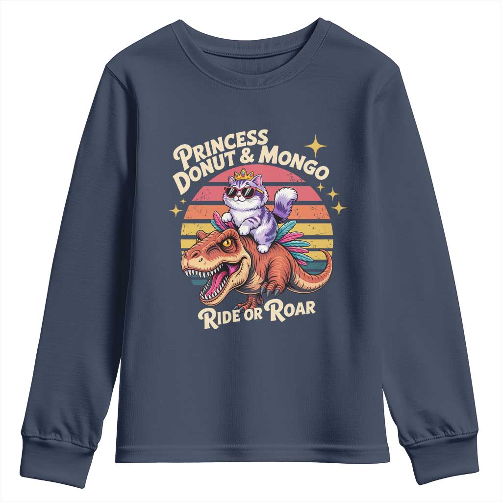 Princess Donut and Mongo Ride or Roar Youth Sweatshirt Funny Cat Riding Dinosaur Retro Sunset
