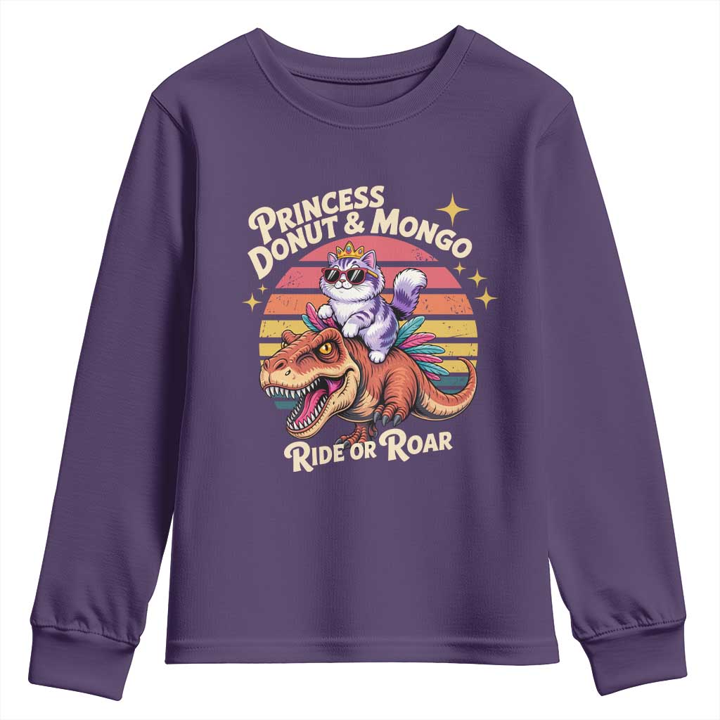 Princess Donut and Mongo Ride or Roar Youth Sweatshirt Funny Cat Riding Dinosaur Retro Sunset