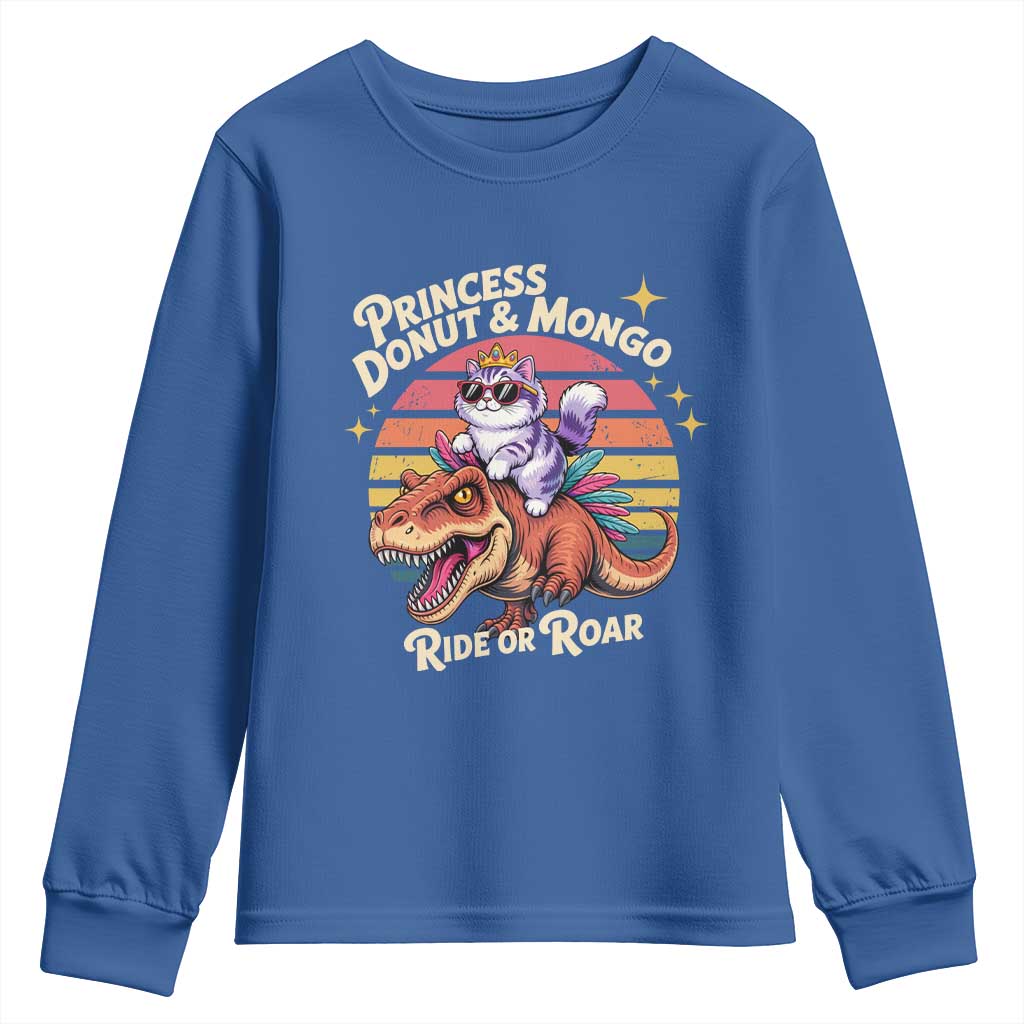 Princess Donut and Mongo Ride or Roar Youth Sweatshirt Funny Cat Riding Dinosaur Retro Sunset