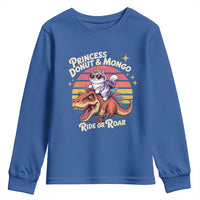 Princess Donut and Mongo Ride or Roar Youth Sweatshirt Funny Cat Riding Dinosaur Retro Sunset