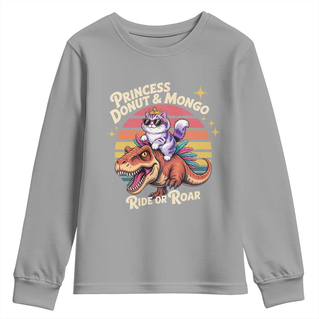 Princess Donut and Mongo Ride or Roar Youth Sweatshirt Funny Cat Riding Dinosaur Retro Sunset