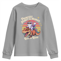 Princess Donut and Mongo Ride or Roar Youth Sweatshirt Funny Cat Riding Dinosaur Retro Sunset