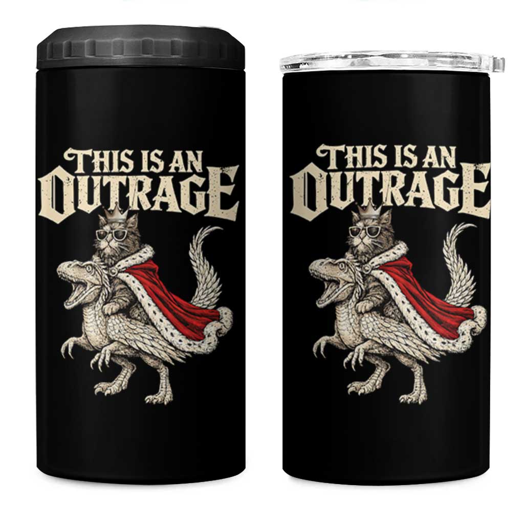 This Is an Outrage Royal Cat 4 in 1 Can Cooler Tumbler Funny Princess Cat Riding Dragon Fantasy