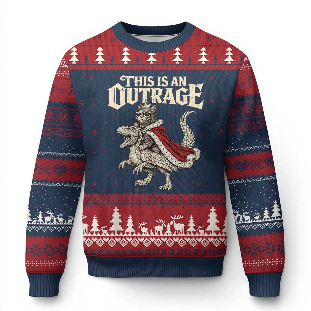 This Is an Outrage Royal Cat Ugly Christmas Sweater Funny Princess Cat Riding Dragon Fantasy