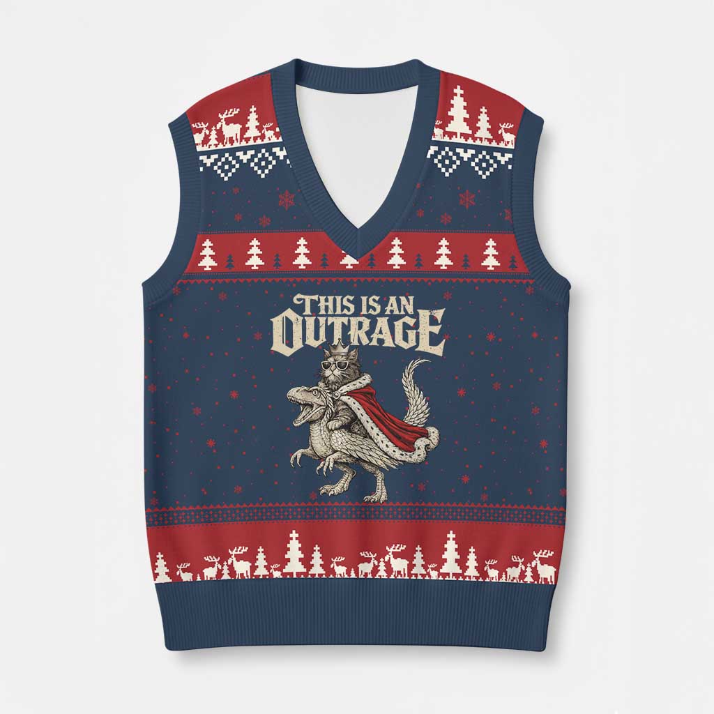 This Is an Outrage Royal Cat V-Neck Knit Sweater Vest Funny Princess Cat Riding Dragon Fantasy
