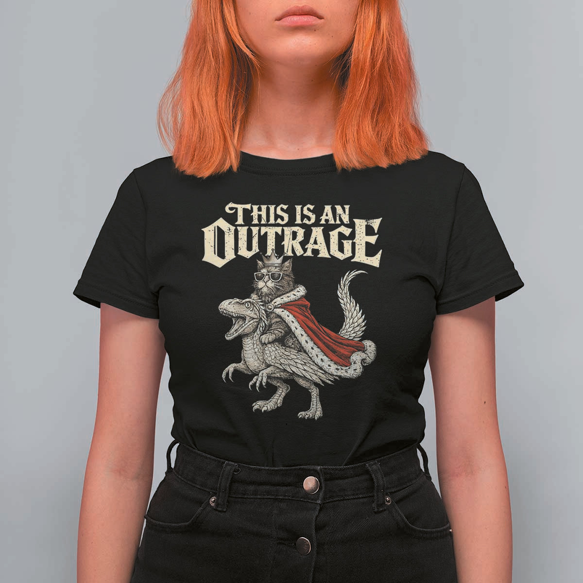 This Is an Outrage Royal Cat T Shirt For Women Funny Princess Cat Riding Dragon Fantasy