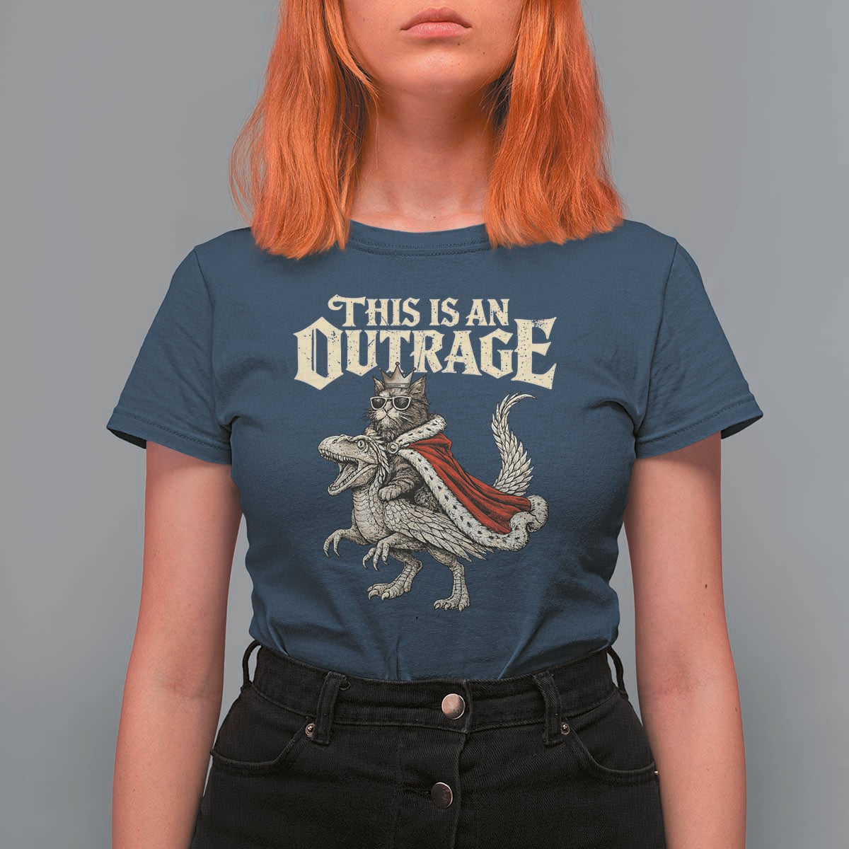 This Is an Outrage Royal Cat T Shirt For Women Funny Princess Cat Riding Dragon Fantasy