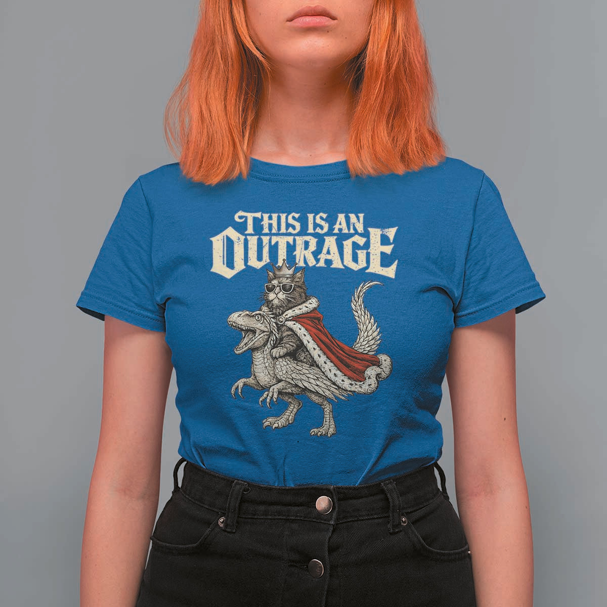 This Is an Outrage Royal Cat T Shirt For Women Funny Princess Cat Riding Dragon Fantasy