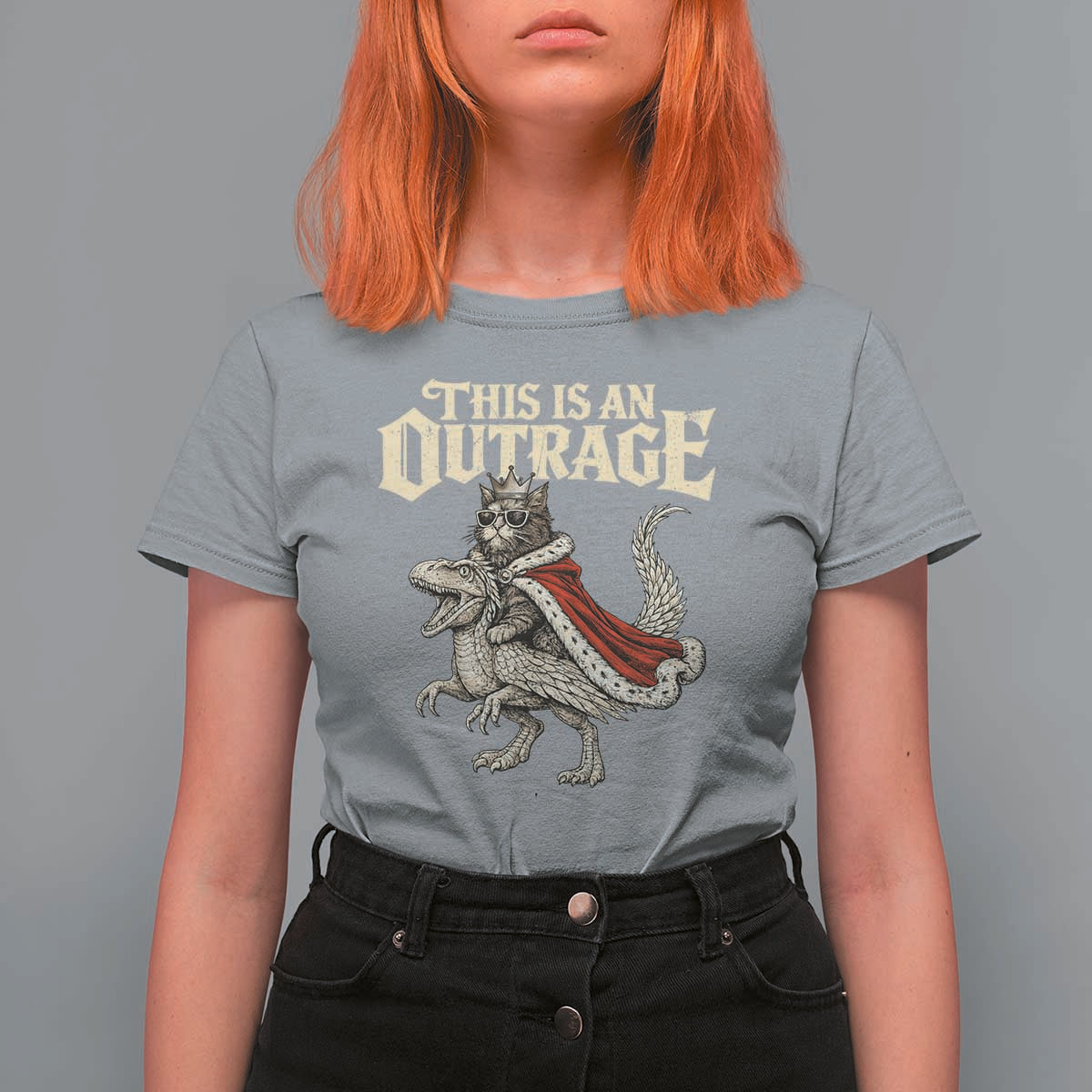 This Is an Outrage Royal Cat T Shirt For Women Funny Princess Cat Riding Dragon Fantasy