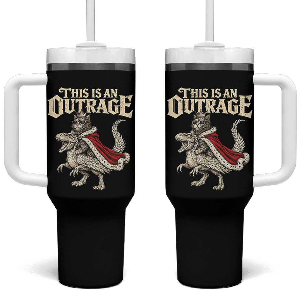 This Is an Outrage Royal Cat Tumbler With Handle Funny Princess Cat Riding Dragon Fantasy