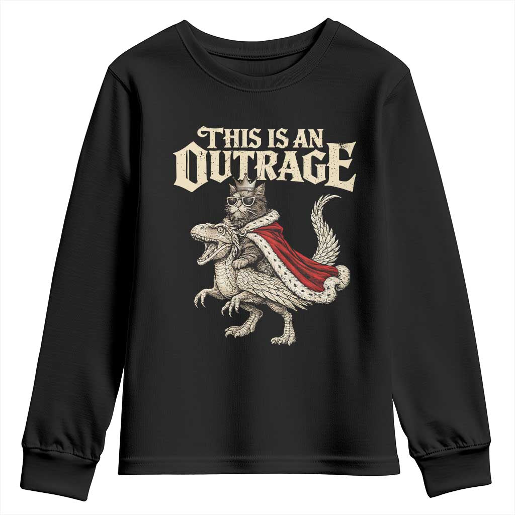 This Is an Outrage Royal Cat Youth Sweatshirt Funny Princess Cat Riding Dragon Fantasy