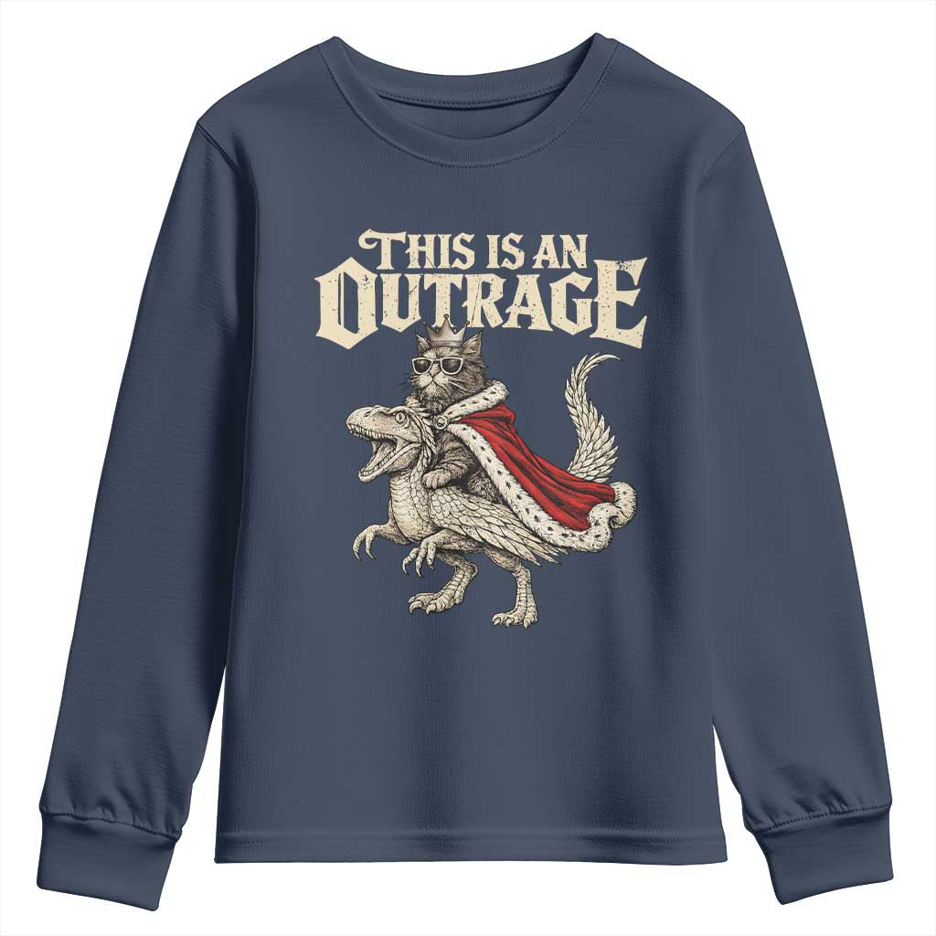 This Is an Outrage Royal Cat Youth Sweatshirt Funny Princess Cat Riding Dragon Fantasy