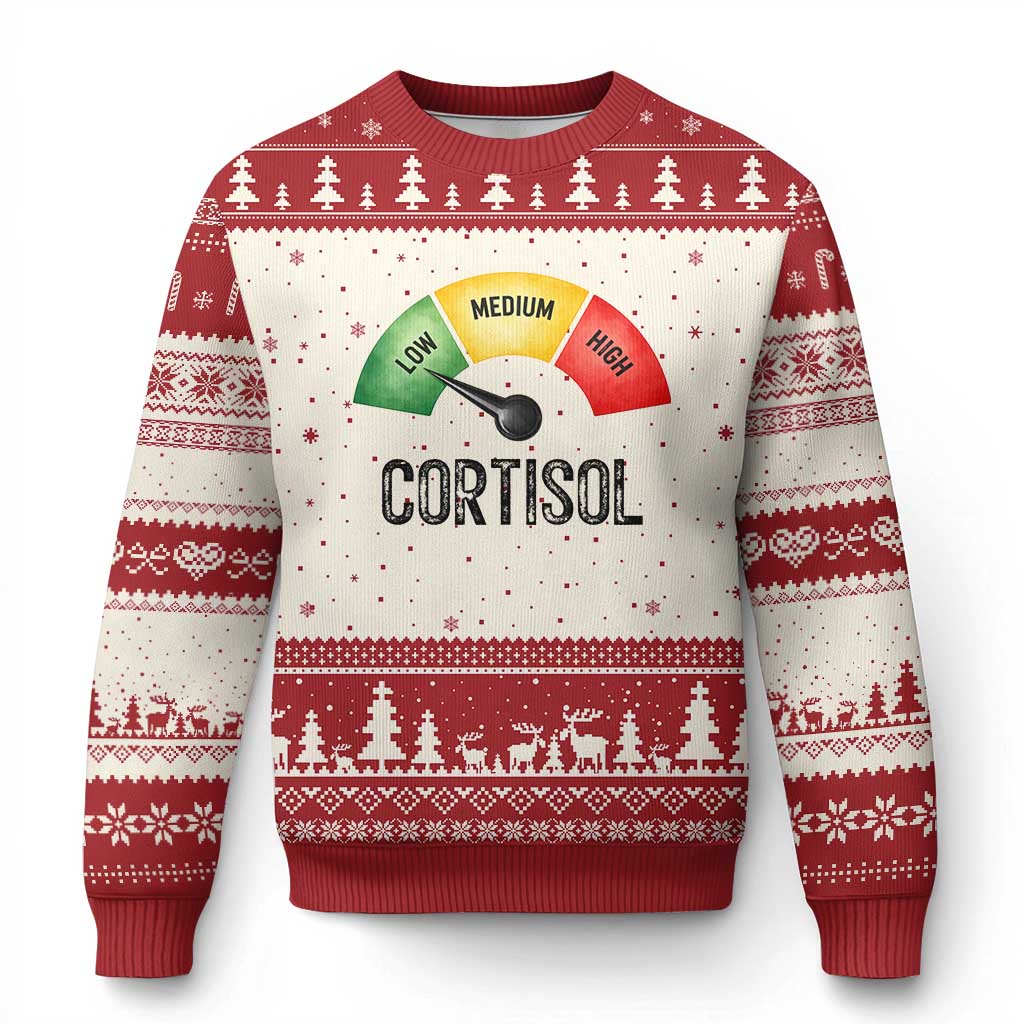 Funny Low Cortisol Stress Meter Ugly Christmas Sweater Low Medium High Anxiety Humor