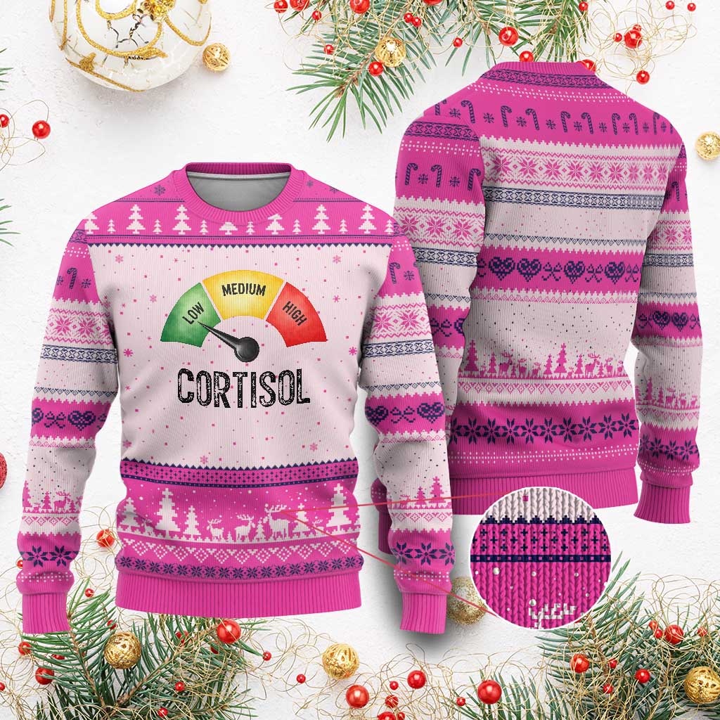 Funny Low Cortisol Stress Meter Ugly Christmas Sweater Low Medium High Anxiety Humor