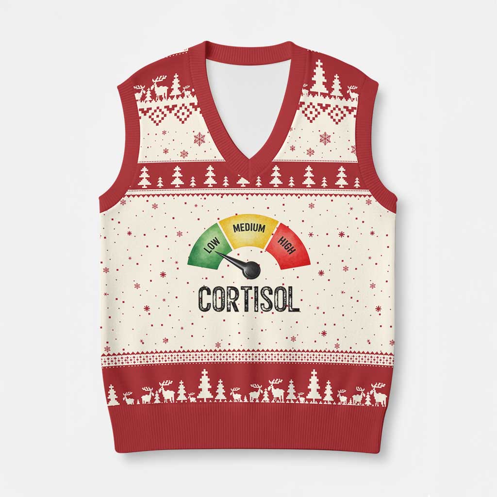 Funny Low Cortisol Stress Meter V-Neck Knit Sweater Vest Low Medium High Anxiety Humor
