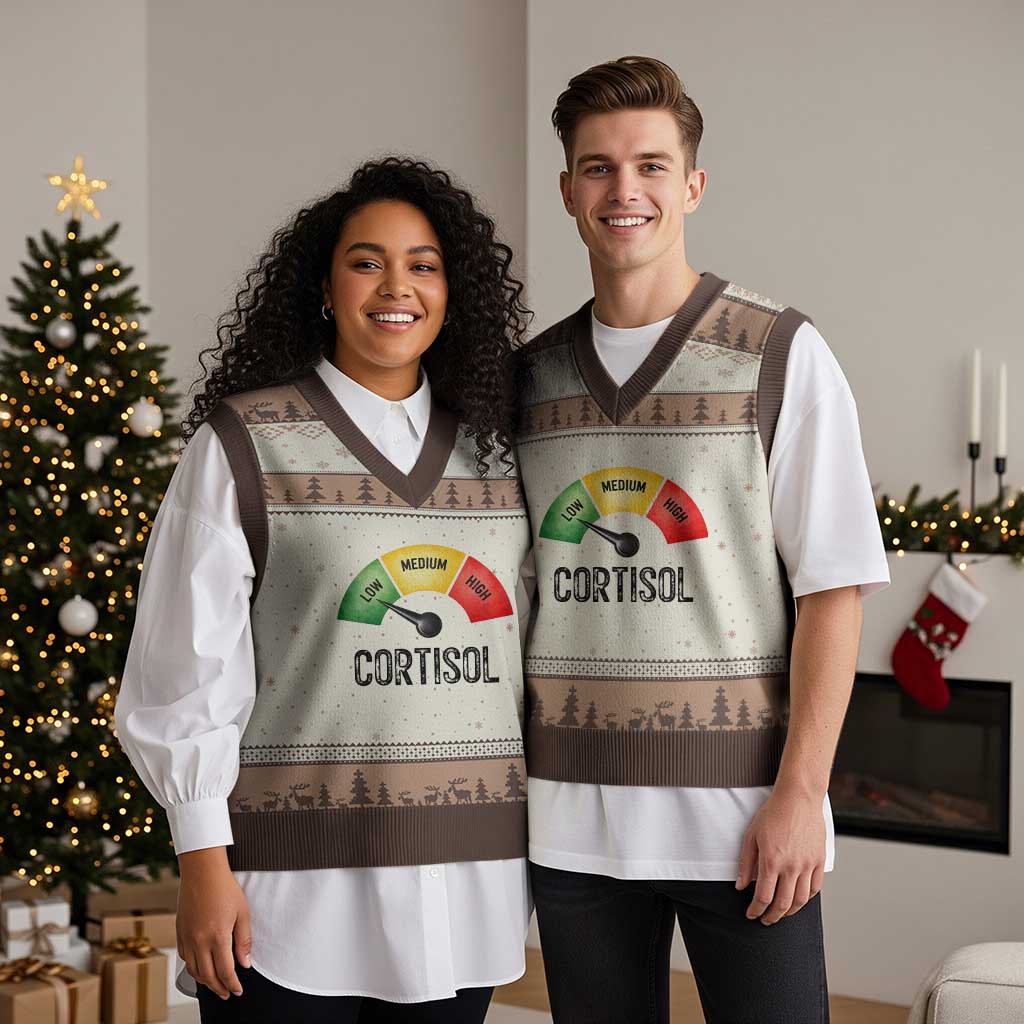Funny Low Cortisol Stress Meter V-Neck Knit Sweater Vest Low Medium High Anxiety Humor