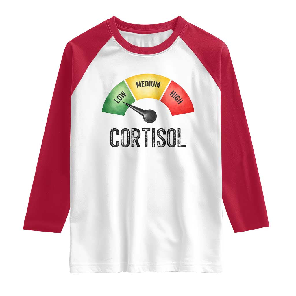 Funny Low Cortisol Stress Meter Raglan Shirt Low Medium High Anxiety Humor
