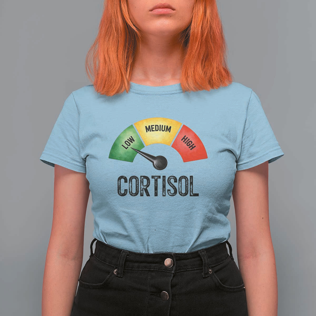 Funny Low Cortisol Stress Meter T Shirt For Women Low Medium High Anxiety Humor