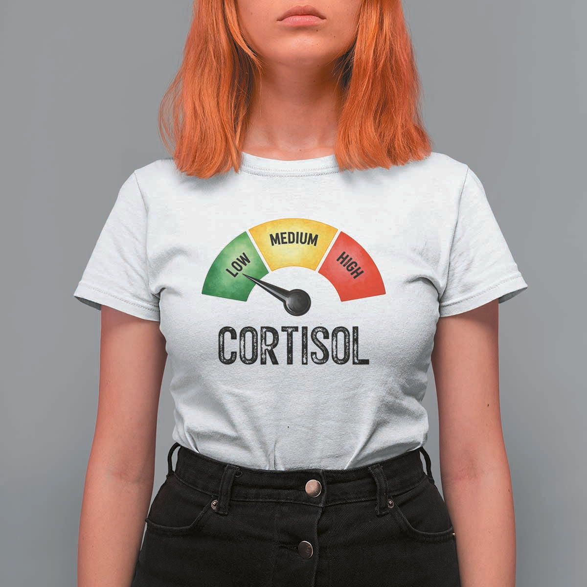 Funny Low Cortisol Stress Meter T Shirt For Women Low Medium High Anxiety Humor