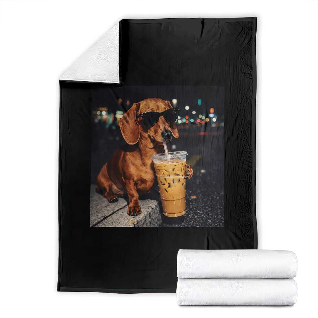 Cool Dachshund Drinking Iced Coffee Graphic Throw Blanket Funny Wiener Dog Night Vibes Aesthetic