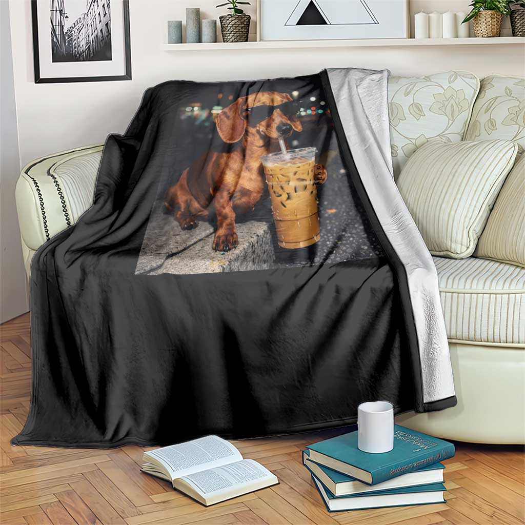 Cool Dachshund Drinking Iced Coffee Graphic Throw Blanket Funny Wiener Dog Night Vibes Aesthetic