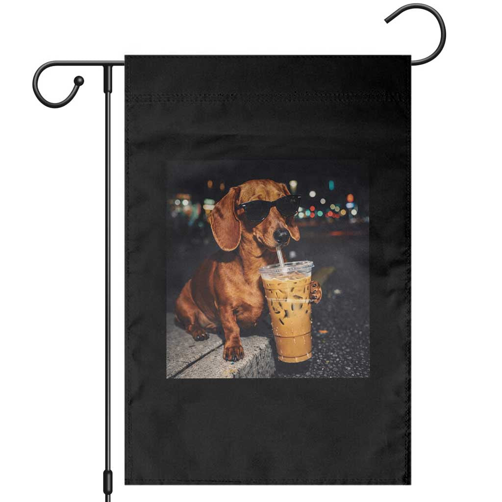 Cool Dachshund Drinking Iced Coffee Graphic Garden Flag Funny Wiener Dog Night Vibes Aesthetic