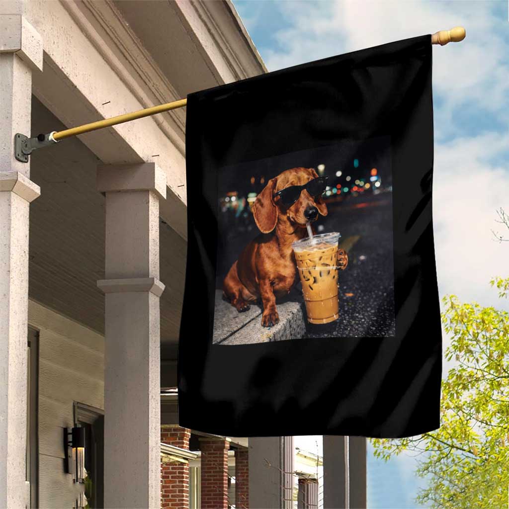 Cool Dachshund Drinking Iced Coffee Graphic Garden Flag Funny Wiener Dog Night Vibes Aesthetic