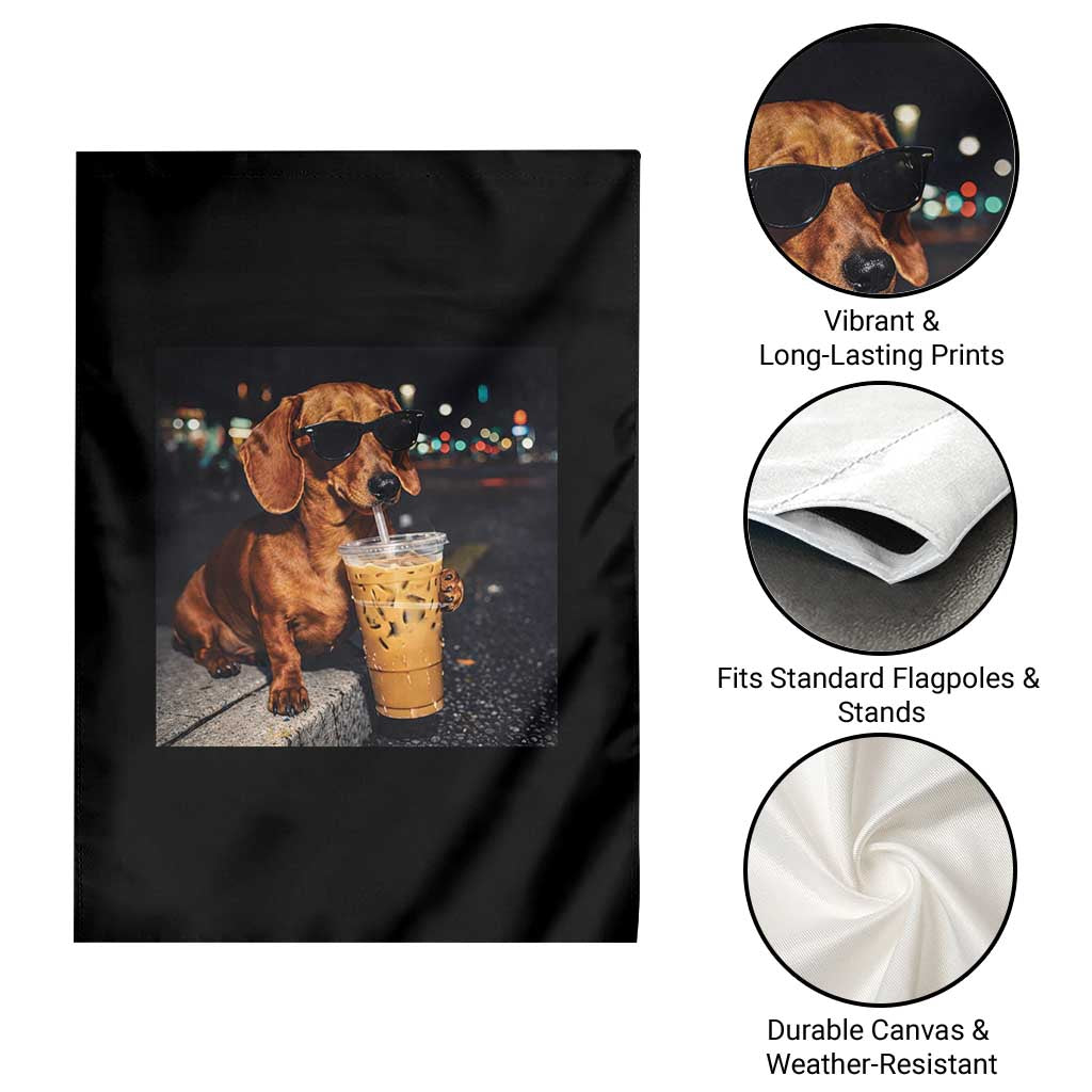 Cool Dachshund Drinking Iced Coffee Graphic Garden Flag Funny Wiener Dog Night Vibes Aesthetic