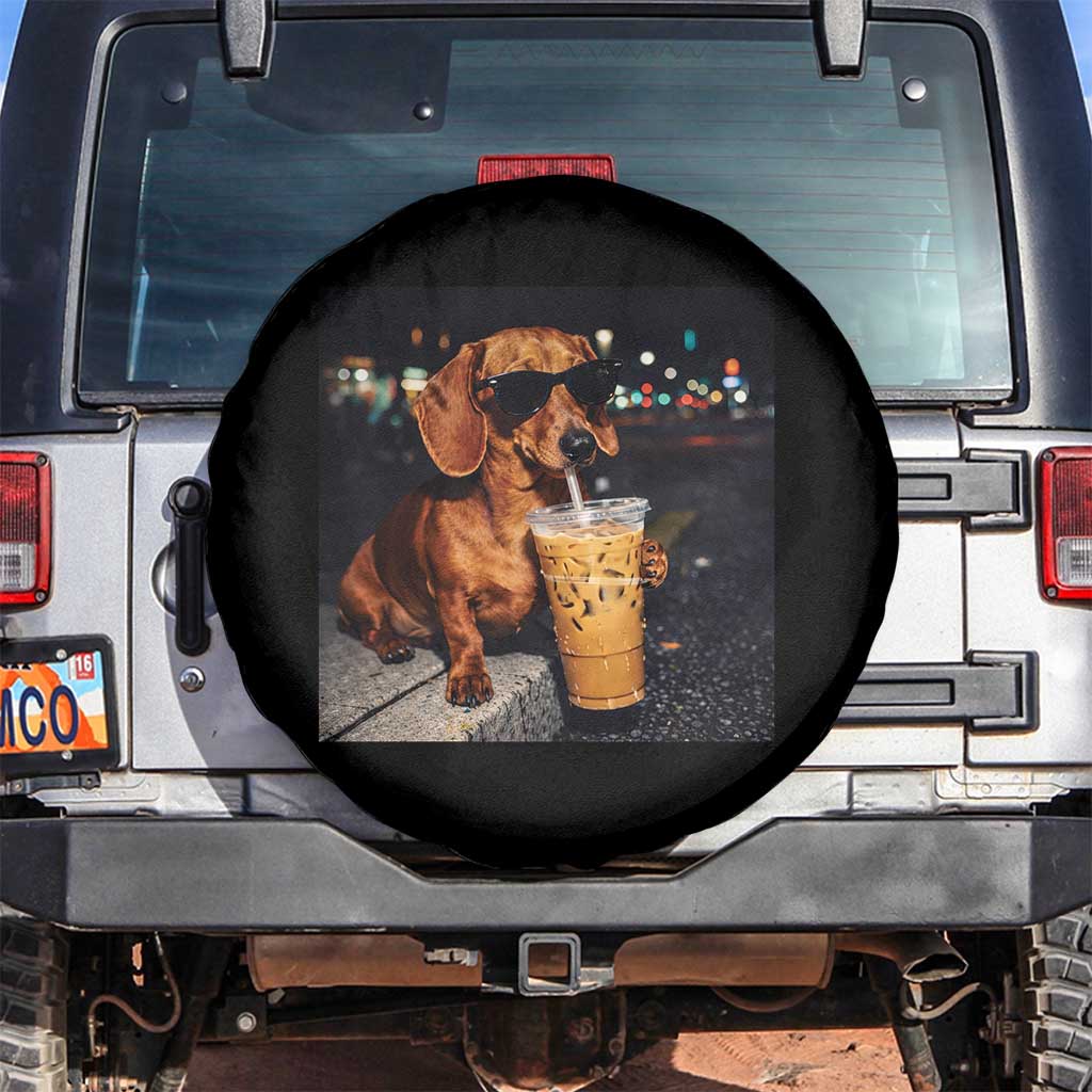 Cool Dachshund Drinking Iced Coffee Graphic Spare Tire Cover Funny Wiener Dog Night Vibes Aesthetic