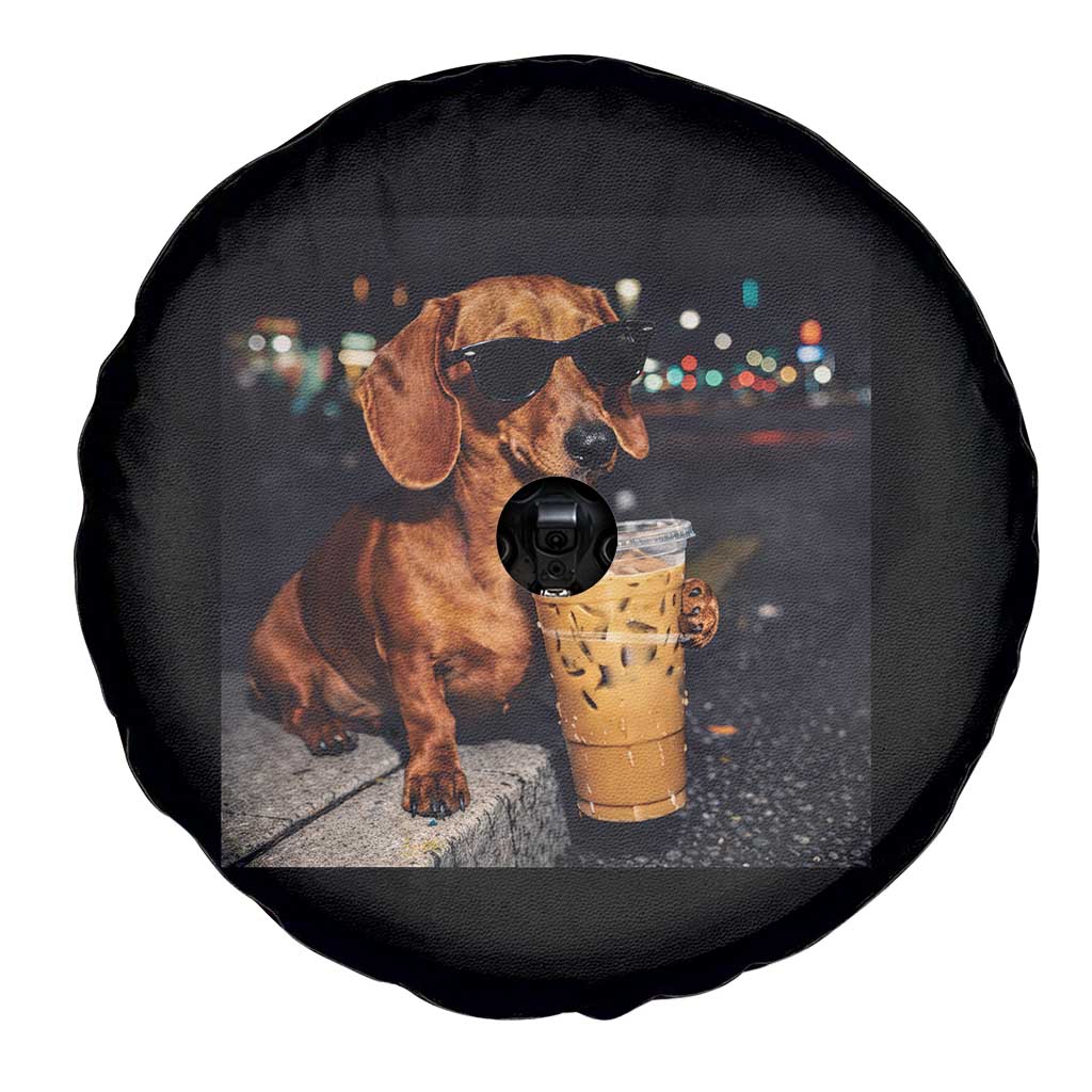 Cool Dachshund Drinking Iced Coffee Graphic Spare Tire Cover Funny Wiener Dog Night Vibes Aesthetic