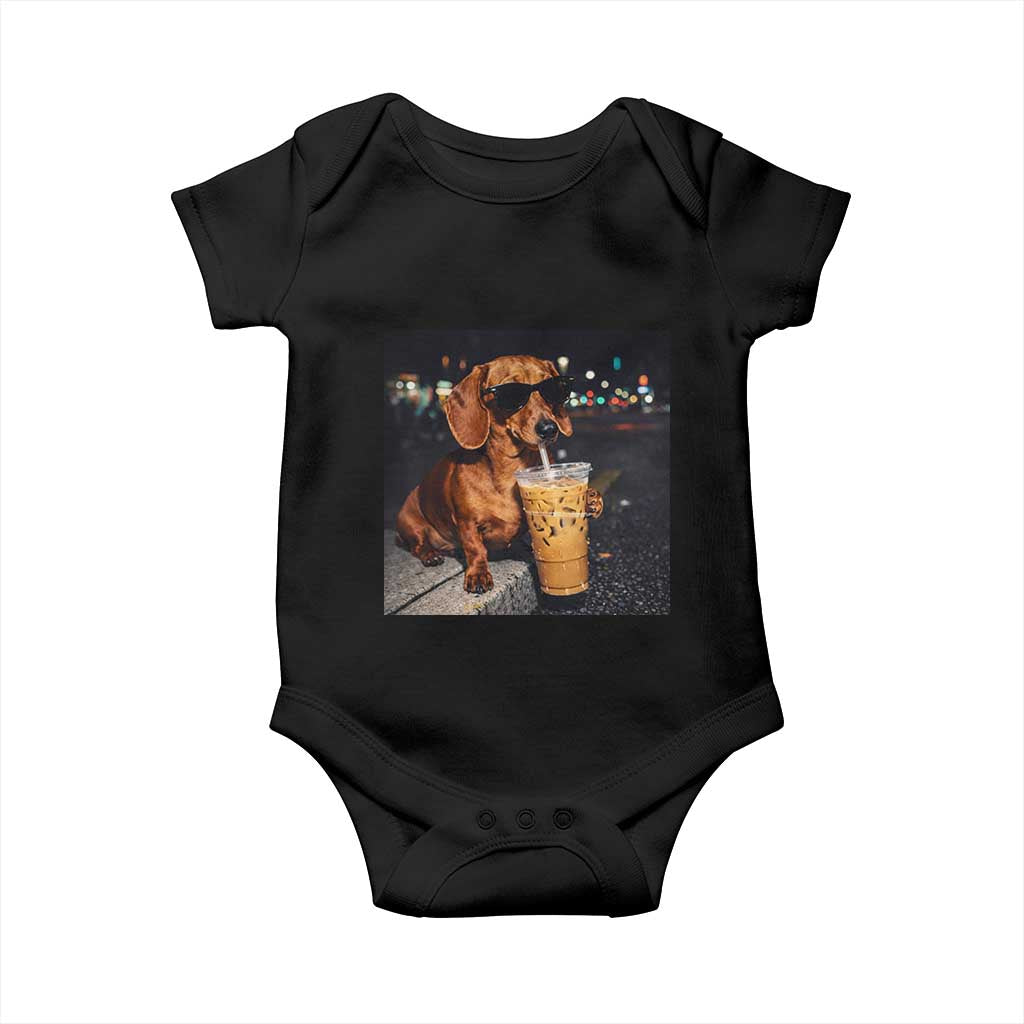 Cool Dachshund Drinking Iced Coffee Graphic Baby Onesie Funny Wiener Dog Night Vibes Aesthetic
