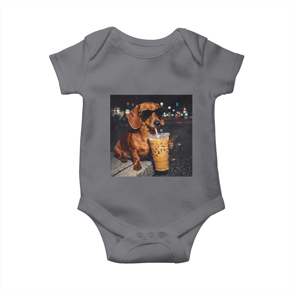 Cool Dachshund Drinking Iced Coffee Graphic Baby Onesie Funny Wiener Dog Night Vibes Aesthetic