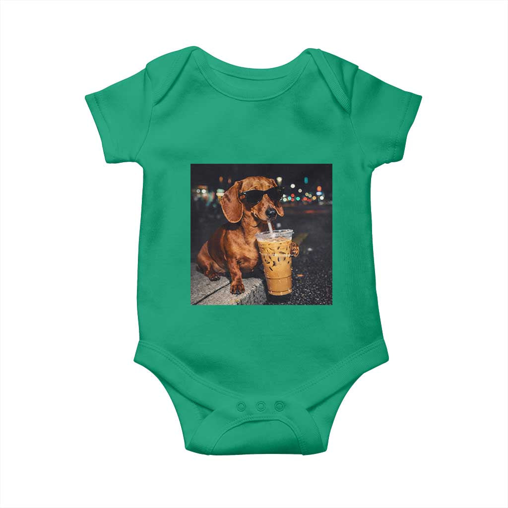 Cool Dachshund Drinking Iced Coffee Graphic Baby Onesie Funny Wiener Dog Night Vibes Aesthetic