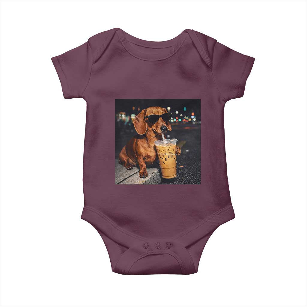 Cool Dachshund Drinking Iced Coffee Graphic Baby Onesie Funny Wiener Dog Night Vibes Aesthetic