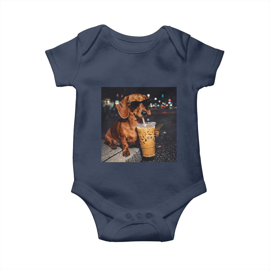 Cool Dachshund Drinking Iced Coffee Graphic Baby Onesie Funny Wiener Dog Night Vibes Aesthetic