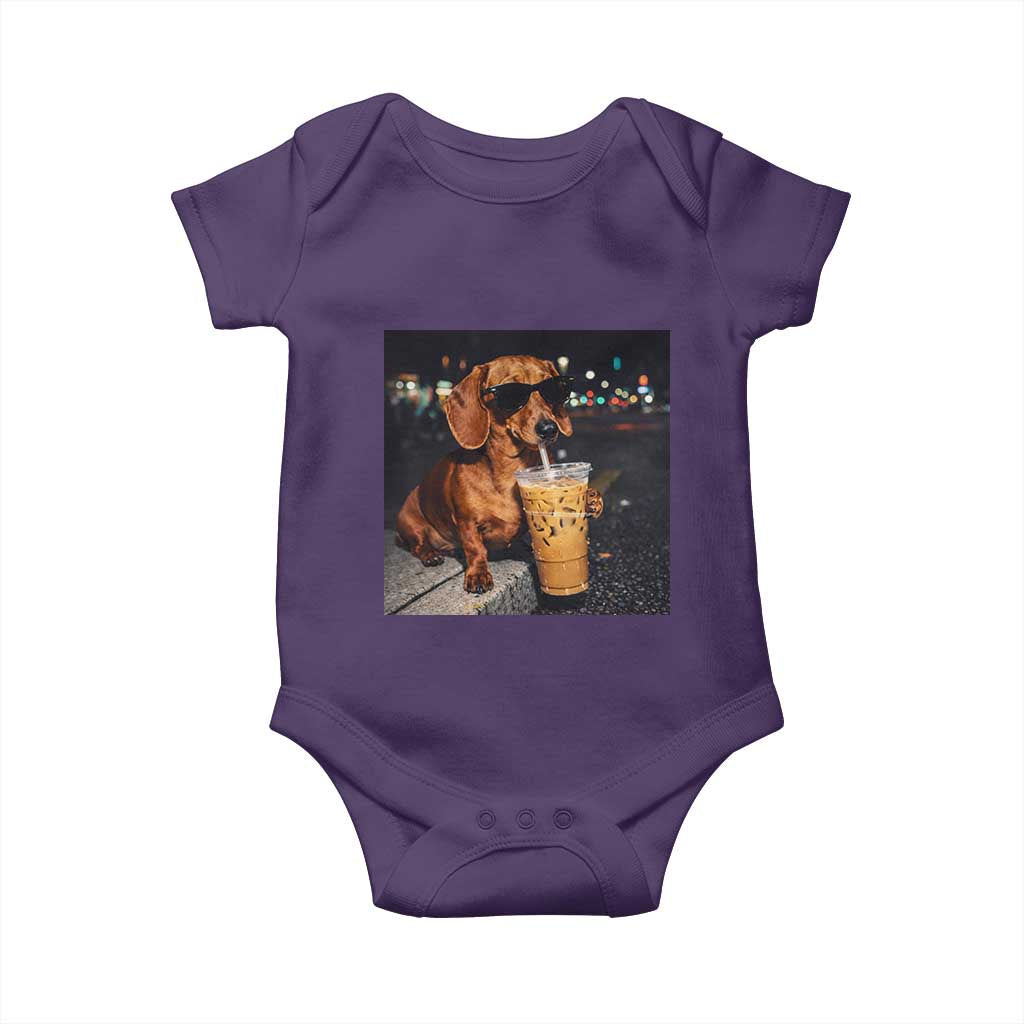 Cool Dachshund Drinking Iced Coffee Graphic Baby Onesie Funny Wiener Dog Night Vibes Aesthetic