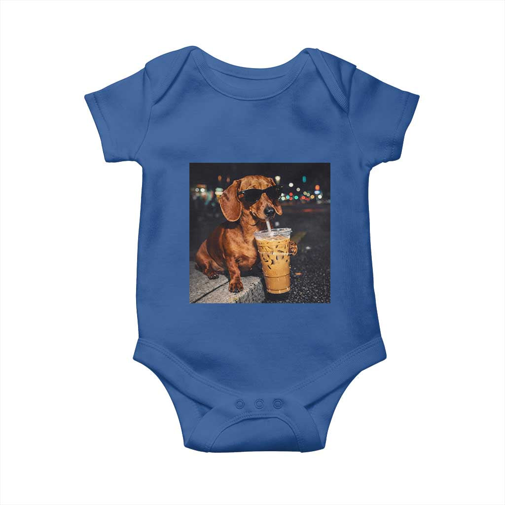 Cool Dachshund Drinking Iced Coffee Graphic Baby Onesie Funny Wiener Dog Night Vibes Aesthetic