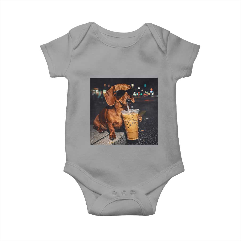 Cool Dachshund Drinking Iced Coffee Graphic Baby Onesie Funny Wiener Dog Night Vibes Aesthetic