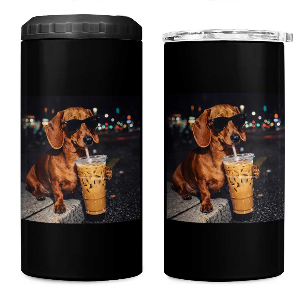 Cool Dachshund Drinking Iced Coffee Graphic 4 in 1 Can Cooler Tumbler Funny Wiener Dog Night Vibes Aesthetic