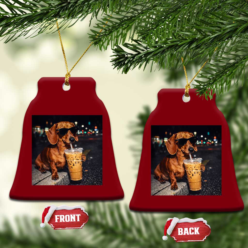 Cool Dachshund Drinking Iced Coffee Graphic Ceramic Ornament Funny Wiener Dog Night Vibes Aesthetic