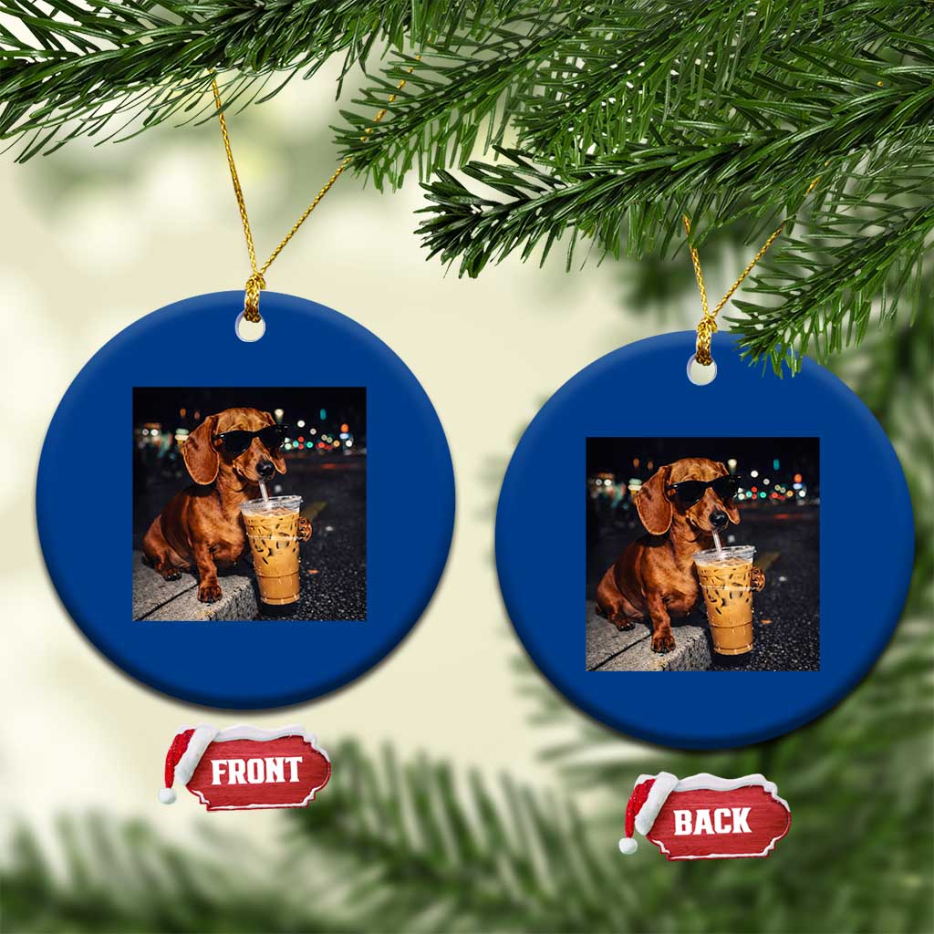 Cool Dachshund Drinking Iced Coffee Graphic Ceramic Ornament Funny Wiener Dog Night Vibes Aesthetic
