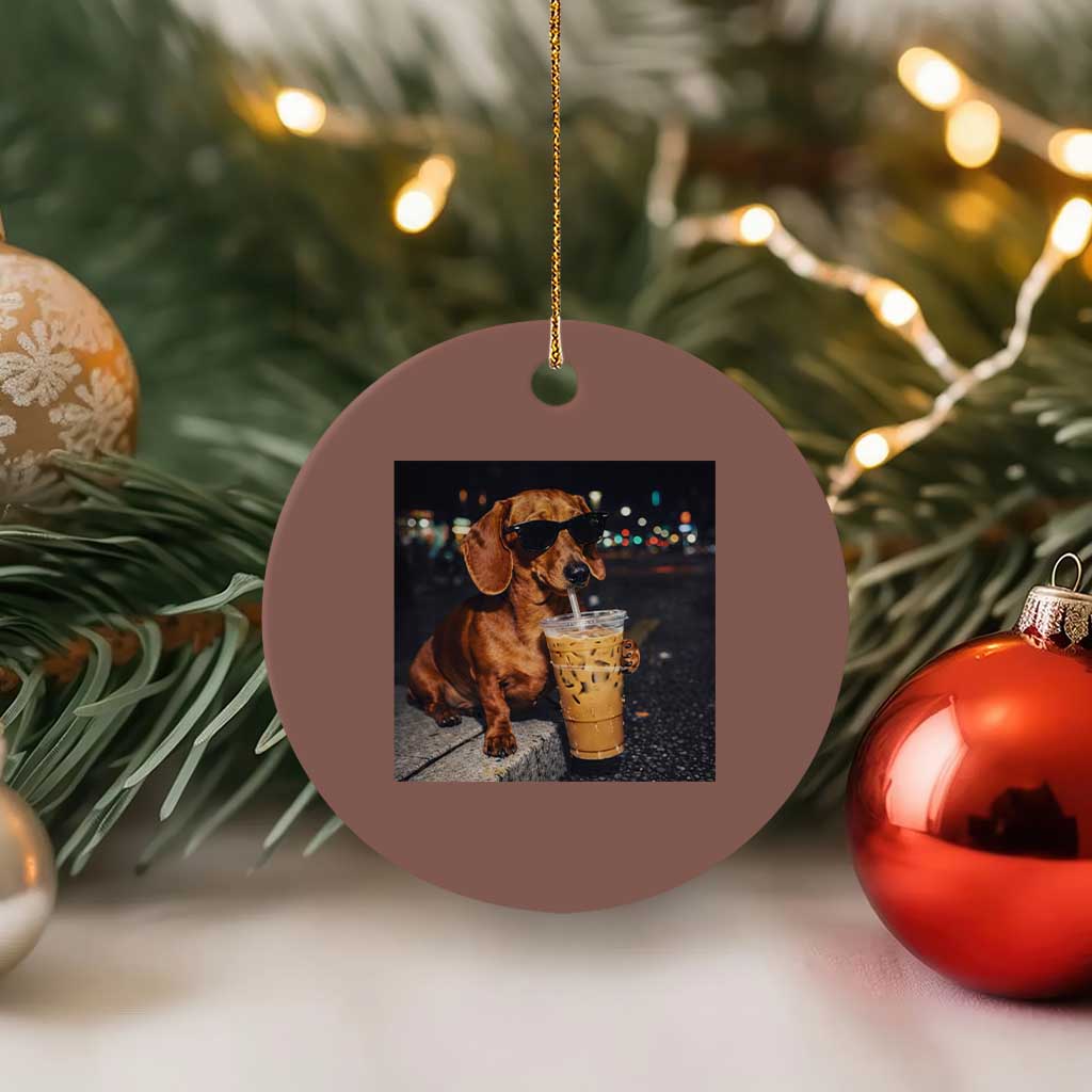 Cool Dachshund Drinking Iced Coffee Graphic Ceramic Ornament Funny Wiener Dog Night Vibes Aesthetic