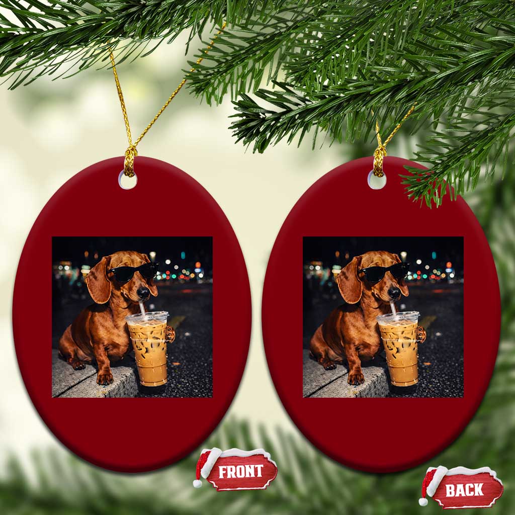 Cool Dachshund Drinking Iced Coffee Graphic Ceramic Ornament Funny Wiener Dog Night Vibes Aesthetic