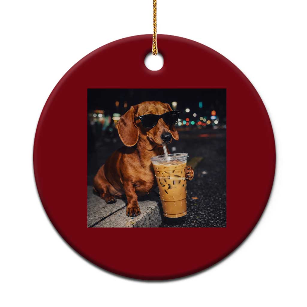 Cool Dachshund Drinking Iced Coffee Graphic Ceramic Ornament Funny Wiener Dog Night Vibes Aesthetic