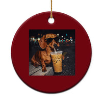 Cool Dachshund Drinking Iced Coffee Graphic Ceramic Ornament Funny Wiener Dog Night Vibes Aesthetic