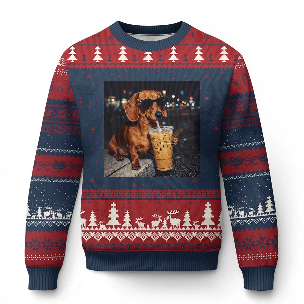 Cool Dachshund Drinking Iced Coffee Graphic Ugly Christmas Sweater Funny Wiener Dog Night Vibes Aesthetic