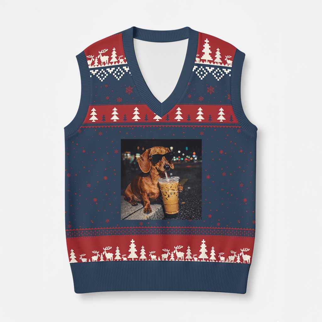 Cool Dachshund Drinking Iced Coffee Graphic V-Neck Knit Sweater Vest Funny Wiener Dog Night Vibes Aesthetic