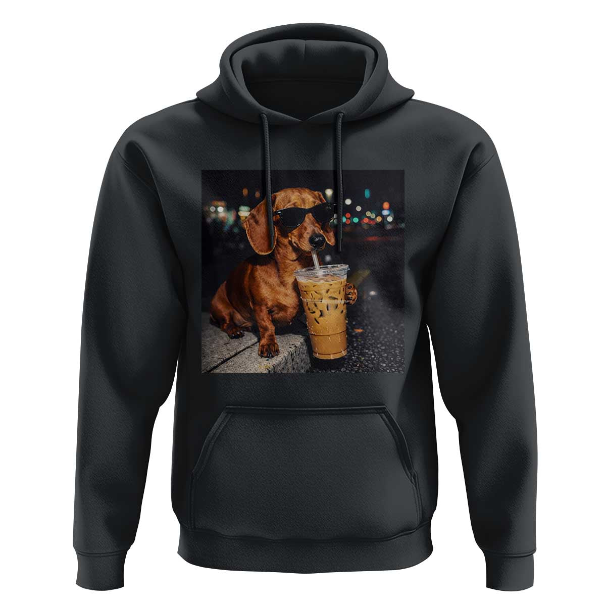 Cool Dachshund Drinking Iced Coffee Graphic Hoodie Funny Wiener Dog Night Vibes Aesthetic