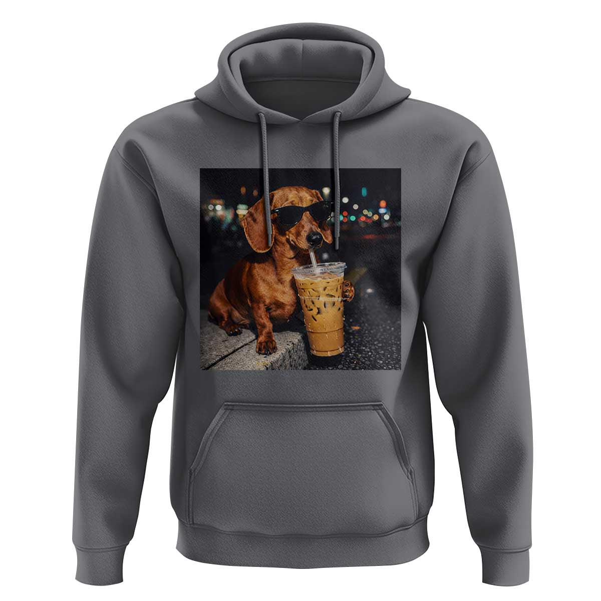Cool Dachshund Drinking Iced Coffee Graphic Hoodie Funny Wiener Dog Night Vibes Aesthetic